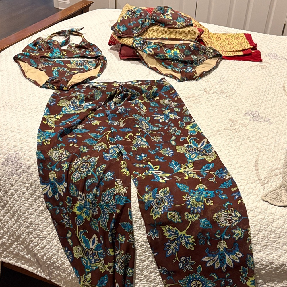 Mix & Match Victoria’s Secret Brown & Blue Floral Bikini Set with Pants Cover Up